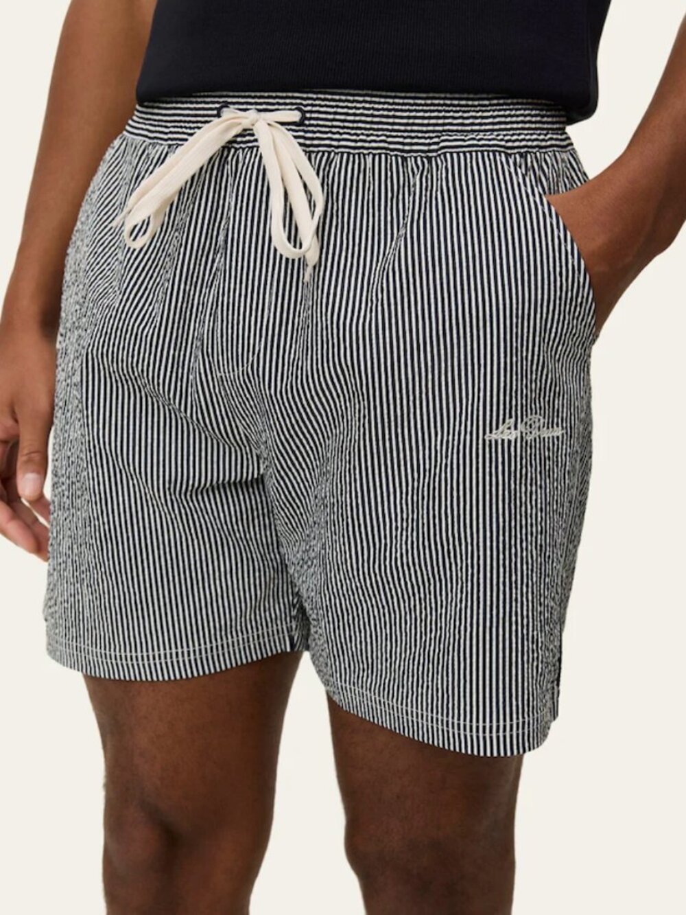Les Deux Black + White Stripe Seersucker Swim Shorts in Medium